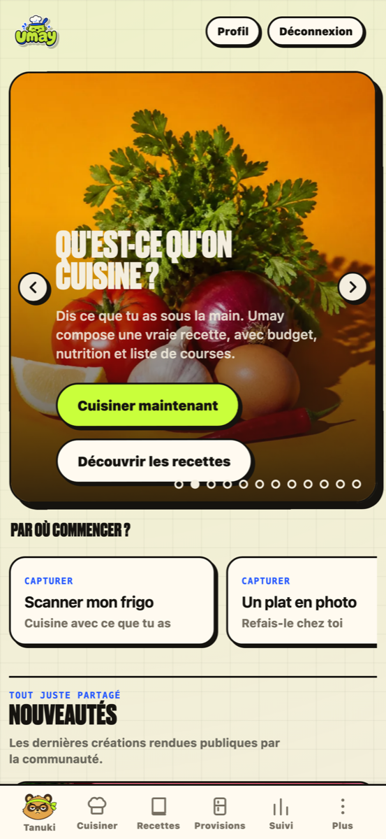 Écran Cuisiner de l'app Umay